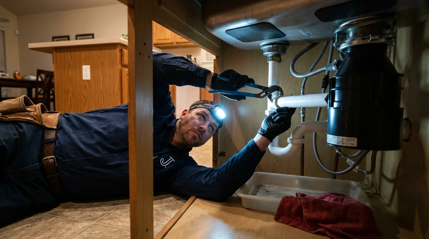 P-trap and supply line connections under a kitchen sink showing a common leak point in Edgewood, MD